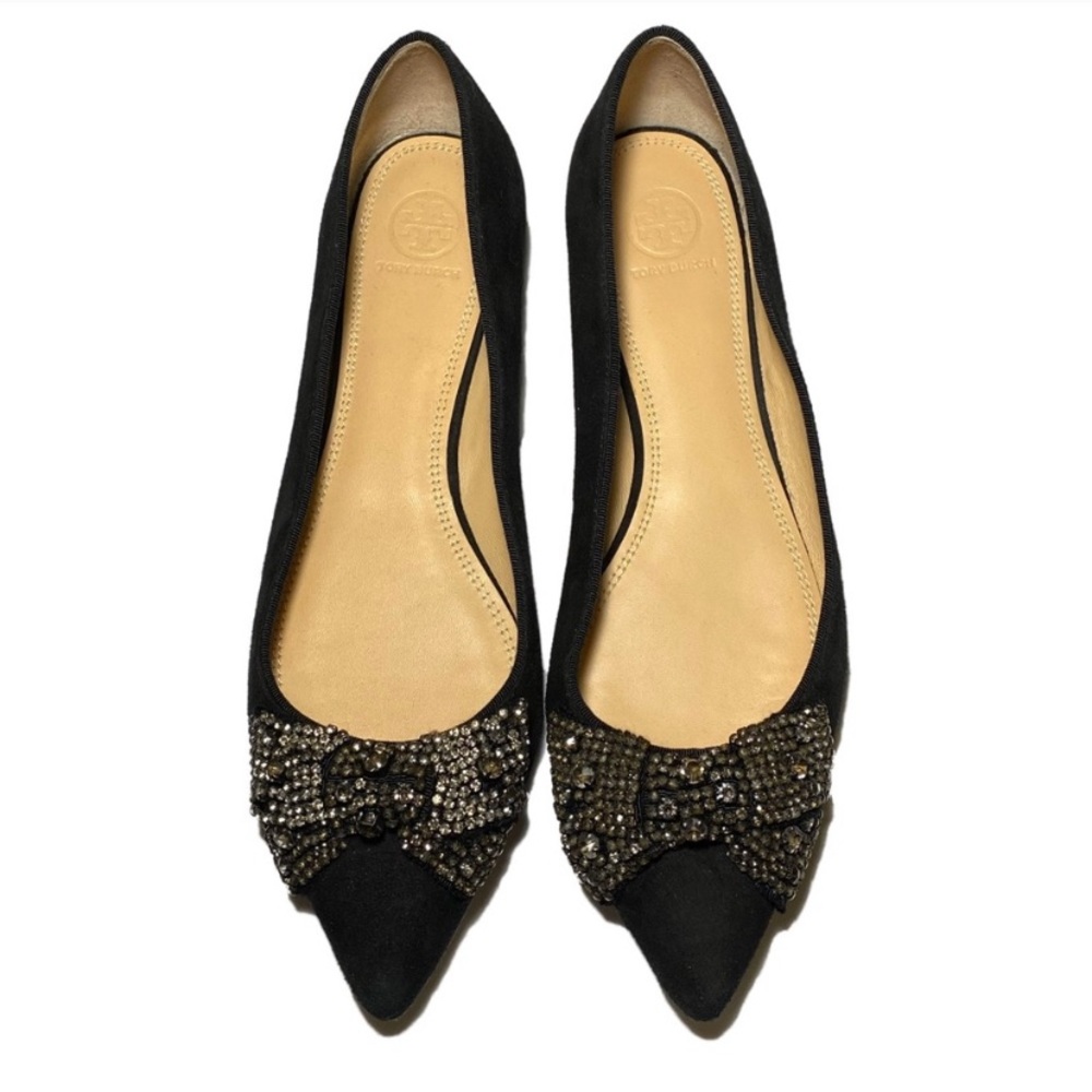 Tory Burch “Esme” Black Crystal Bow Flat Size 10 M